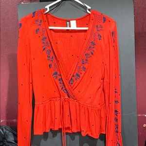 Red cute shirt with blue flowers